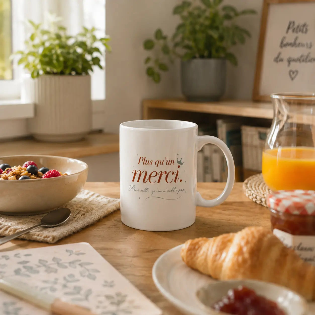 Mug cadeau « Plus qu'un merci » : en situation lifestyle, Plus qu'un Merci