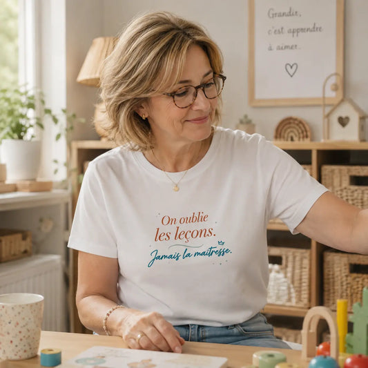T-shirt cadeau maîtresse « On oublie les leçons, jamais la maîtresse » : visuel 1, Plus qu'un Merci