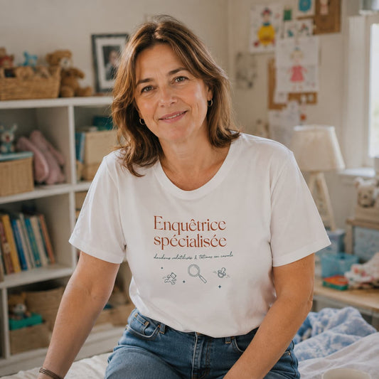 T-shirt cadeau nounou « Enquêtrice Spécialisée, doudous & tétines » : visuel principal du design, Plus qu'un Merci
