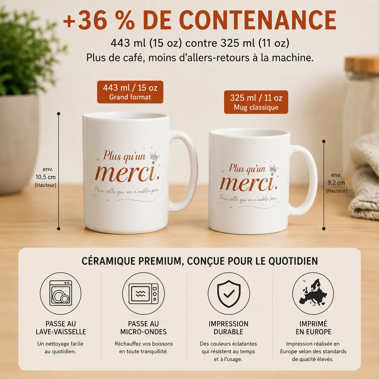 Mug cadeau « Plus qu'un merci » : visuel des dimensions et du format, Plus qu'un Merci