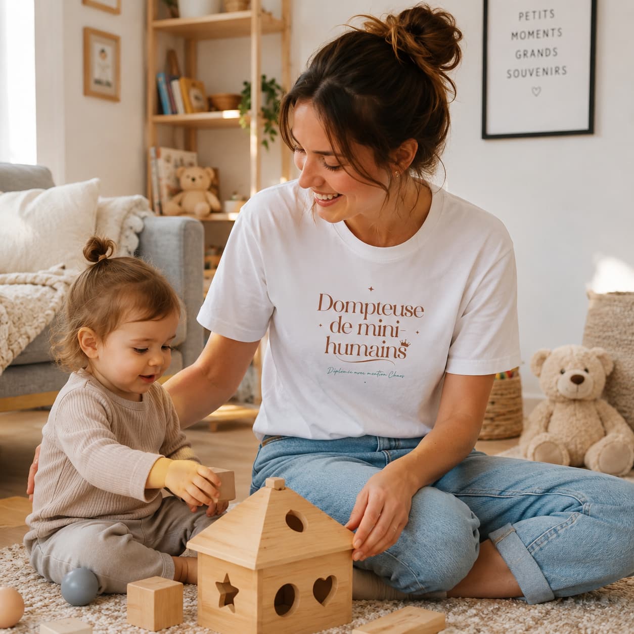 T-shirt cadeau nounou Dompteuse de mini-humains porté en situation lifestyle